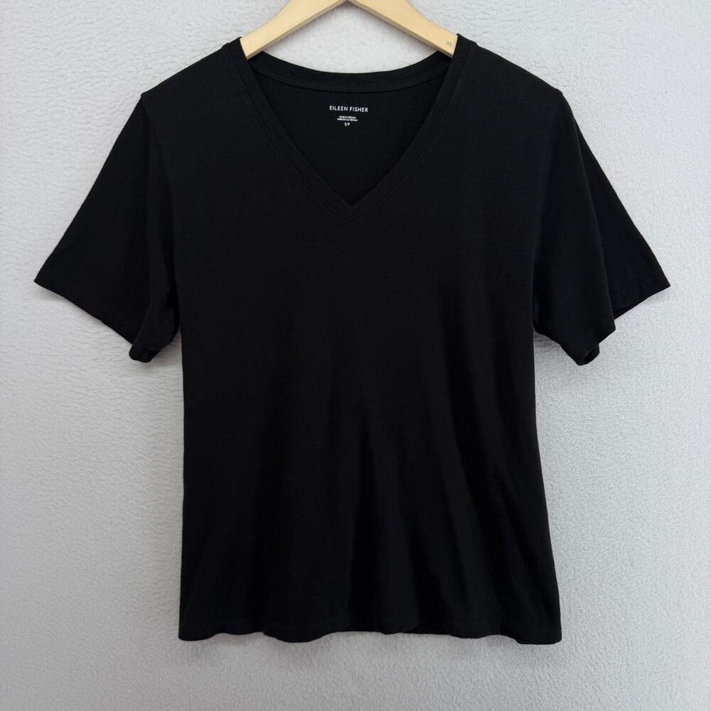 EILEEN FISHER Top S Slub Organic Cotton Jersey V-Neck Short Sleeve Black